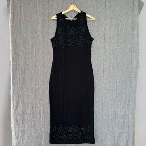 Vintage Carole Little Wool Blend Black Beaded Sweater Evening Midi Dress Medium